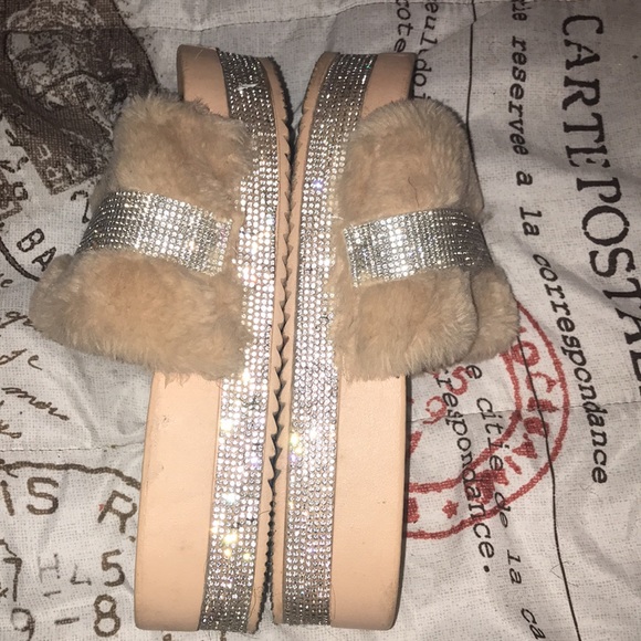 Beige Rhinestone Platform Slides - Picture 3 of 3